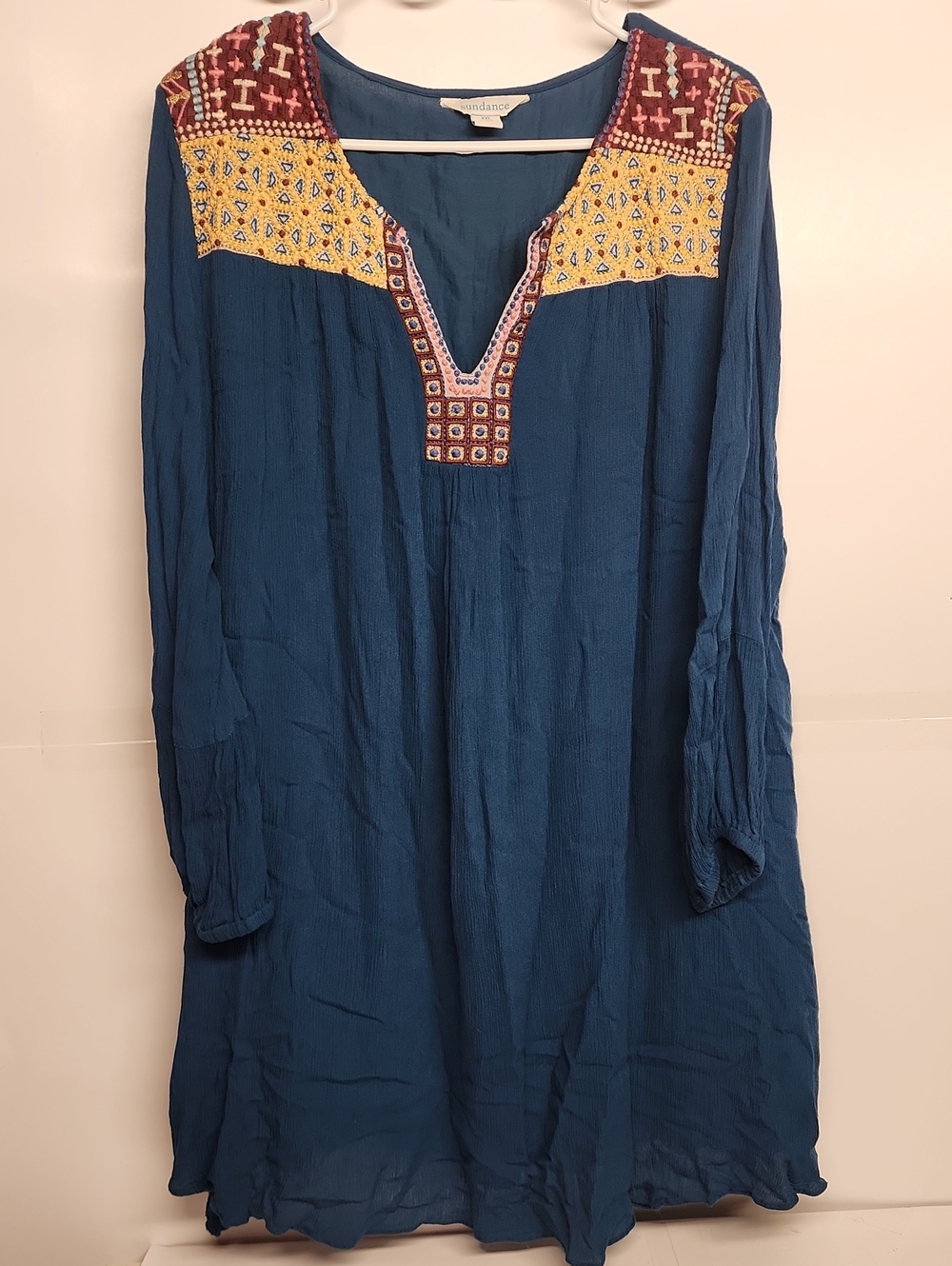 SUNDANCE Cobalt Bluish Teal Tunic Dress Yellow&Maroon Embroidery XXL Hippie Boho